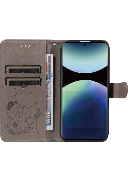 Xiaomi Redmi Note 14 Pro 4g Deri Kedi Arı Desen Standı-Gri (Yurt Dışından)