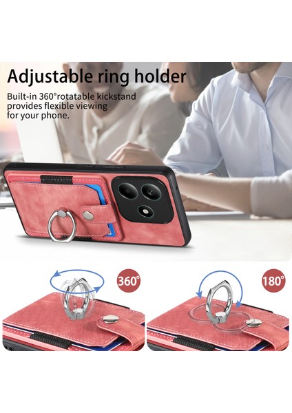 Xiaomi Redmi Note 14 5g Kart Yuvalı Deri Arka Kapak Kickstand-Pembe (Yurt Dışından)