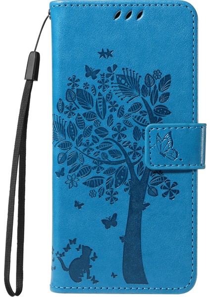 Xiaomi Redmi Note 14 Pro 4g Standlı Kedi Ağacı Desenli Deri Cüzdan Mobil Kapak-Mavi (Yurt Dışından)