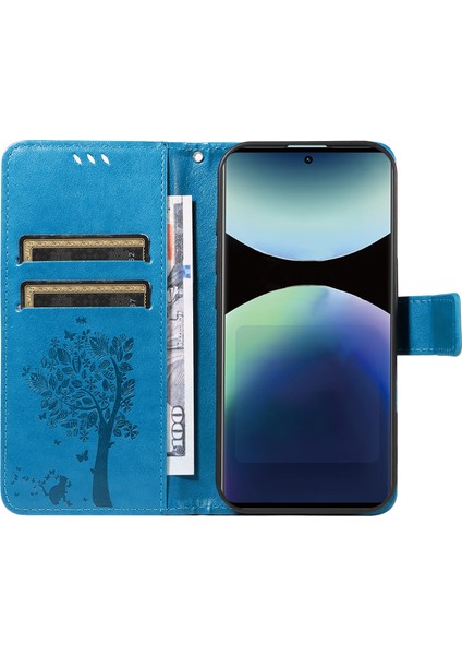 Xiaomi Redmi Note 14 Pro 4g Standlı Kedi Ağacı Desenli Deri Cüzdan Mobil Kapak-Mavi (Yurt Dışından)