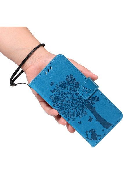 Xiaomi Redmi Note 14 Pro 4g Standlı Kedi Ağacı Desenli Deri Cüzdan Mobil Kapak-Mavi (Yurt Dışından)