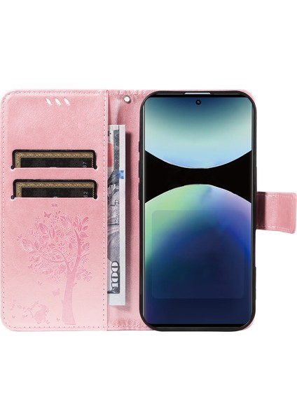 Xiaomi Redmi Note 14 Pro 4g Standlı Kedi Ağacı Desenli Deri Cüzdan Mobil Kapak-Gül Altın (Yurt Dışından)