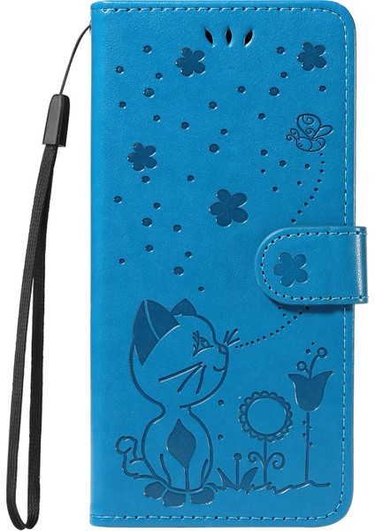 Xiaomi Redmi Note 14 Pro 4g Deri Kedi Arı Desen Standı-Mavi Için (Yurt Dışından)