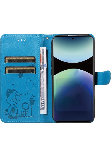 Xiaomi Redmi Note 14 Pro 4g Deri Kedi Arı Desen Standı-Mavi Için (Yurt Dışından)