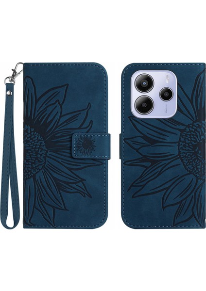 Xiaomi Redmi Note 14 4g (163.25X76.55X8.16MM) Kılıf Bilek Askılı Ayçiçeği Baskılı Deri Cüzdan-Koyu Mavi (Yurt Dışından)