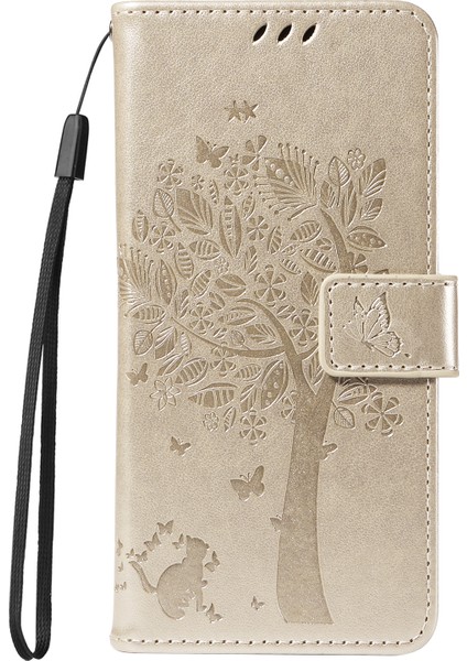 Xiaomi Redmi Note 14 Pro 4g Standlı Kedi Ağacı Desenli Deri Cüzdan Mobil Kapak-Altın (Yurt Dışından)