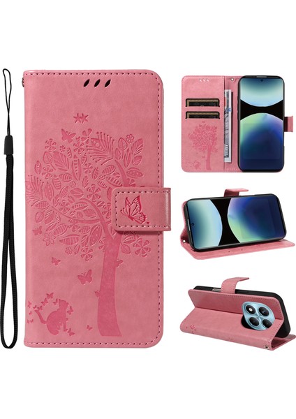 Xiaomi Redmi Note 14 Pro 4g Standlı Kedi Ağacı Desenli Deri Cüzdan Mobil Kapak-Pembe (Yurt Dışından)