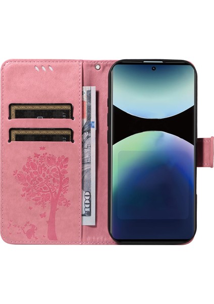 Xiaomi Redmi Note 14 Pro 4g Standlı Kedi Ağacı Desenli Deri Cüzdan Mobil Kapak-Pembe (Yurt Dışından)