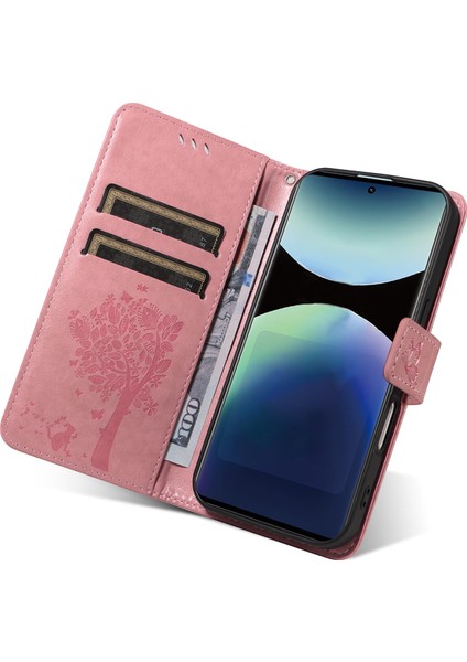 Xiaomi Redmi Note 14 Pro 4g Standlı Kedi Ağacı Desenli Deri Cüzdan Mobil Kapak-Pembe (Yurt Dışından)