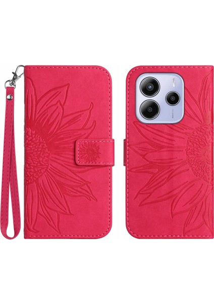 Xiaomi Redmi Note 14 4g (163.25X76.55X8.16MM) Kılıf Ayçiçeği Baskılı Deri Cüzdan Bilek Kayışı-Gül (Yurt Dışından)