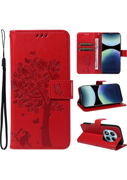 Xiaomi Redmi Note 14 Pro 4g Standlı Kedi Ağacı Desenli Deri Cüzdan Mobil Kapak-Kırmızı (Yurt Dışından)