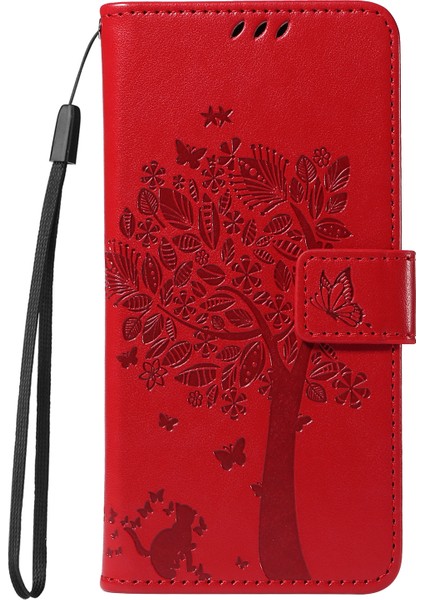 Xiaomi Redmi Note 14 Pro 4g Standlı Kedi Ağacı Desenli Deri Cüzdan Mobil Kapak-Kırmızı (Yurt Dışından)