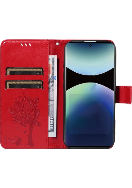 Xiaomi Redmi Note 14 Pro 4g Standlı Kedi Ağacı Desenli Deri Cüzdan Mobil Kapak-Kırmızı (Yurt Dışından)