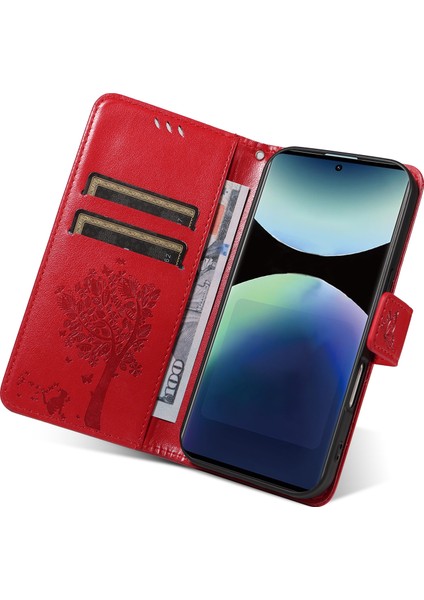 Xiaomi Redmi Note 14 Pro 4g Standlı Kedi Ağacı Desenli Deri Cüzdan Mobil Kapak-Kırmızı (Yurt Dışından)