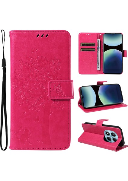 Xiaomi Redmi Note 14 Pro 4g Standlı Kedi Ağacı Desenli Deri Cüzdan Mobil Kapak-Gül (Yurt Dışından)