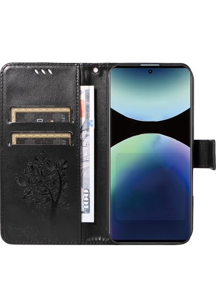 Xiaomi Redmi Note 14 Pro 4g Standlı Kedi Ağacı Desenli Deri Cüzdan Mobil Kapak - Siyah (Yurt Dışından)