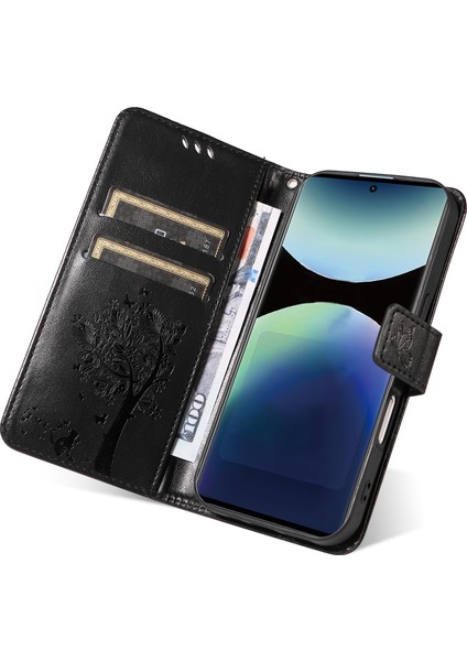 Xiaomi Redmi Note 14 Pro 4g Standlı Kedi Ağacı Desenli Deri Cüzdan Mobil Kapak - Siyah (Yurt Dışından)
