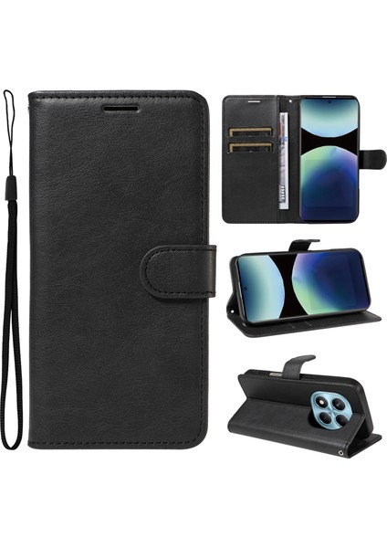 Xiaomi Redmi Note 14 Pro 4g Deri Askılı Düz ​​renk Telefon Standı Kapağı-Balck Için (Yurt Dışından)