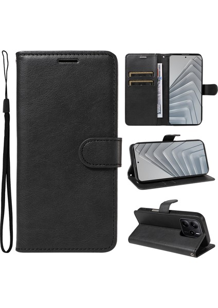 Xiaomi Redmi Için Not 14 4g (163.25X76.55X8.16MM) Kılıf Düz Renk Deri Mobil Kapak Cüzdan Standı Kayış-Siyah (Yurt Dışından)
