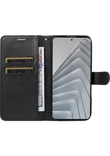Xiaomi Redmi Için Not 14 4g (163.25X76.55X8.16MM) Kılıf Düz Renk Deri Mobil Kapak Cüzdan Standı Kayış-Siyah (Yurt Dışından)