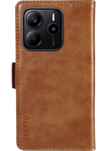 Xiaomi Redmi Için Not 14 4g (163.25X76.55X8.16MM) Kılıf Yıkatu YK-007 Litchi Doku Pu Deri Cüzdan Telefon Kapağı-Kahverengi (Yurt Dışından)