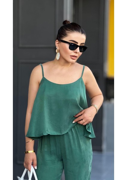 Zümrüt Yeşili Tensll Kumaş Bluz - Pantolon Takım