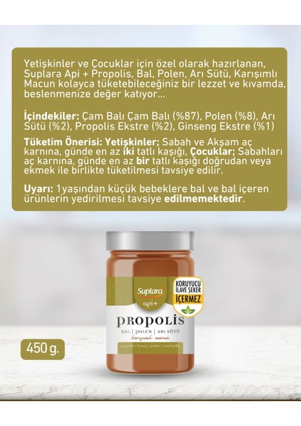 Api Plus Propolis, Bal, Polen, Arı Sütü Karışımlı Macun 450 gr