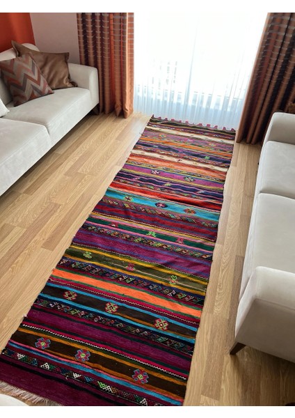 101 x 325 cm Canlı Renkli Kilim, Uzun Yün Yolluk, Çizgili ve Akrep Motifli, El Dokuma Vintage Kilim
