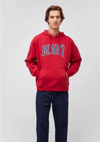 Mavi Logo Baskılı Kapüşonlu Kırmızı Sweatshirt 067149-70464