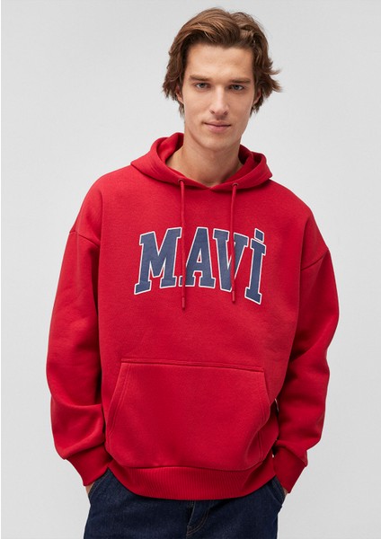 Mavi Logo Baskılı Kapüşonlu Kırmızı Sweatshirt 067149-70464