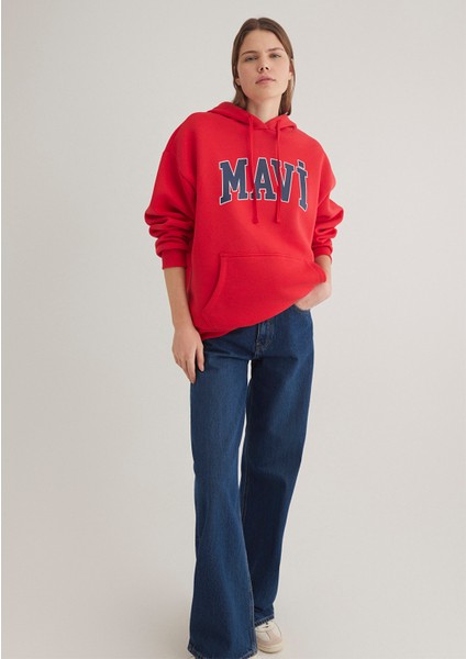Mavi Logo Baskılı Kapüşonlu Kırmızı Sweatshirt 1600361-82054