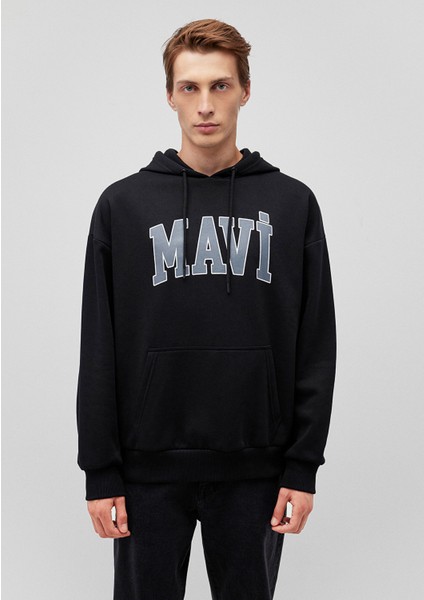 Logo Baskılı Kapüşonlu Siyah Sweatshirt 067149-902