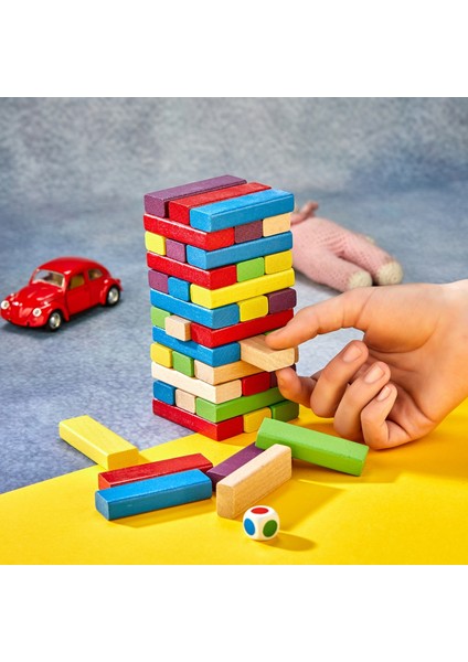 Renkli Jenga Tower Büyük Boy Eğitici Doğal Ahşap Denge Oyunu (54 parça)