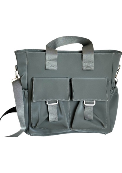 Kadın Gri Çok Gözlü Anne Bebek Çantası ve Tablet İçin El ve Omuz Çantası