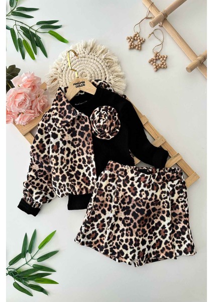 Leopar Ceketli Şort Etekli Kız Çocuk 3 lü takım - Siyah