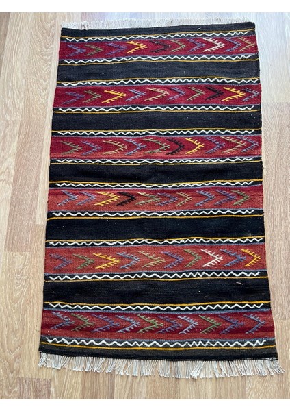 76X123 cm Küçük Kilim, Çizgili Tasarım Renkli Pıtrak Motifli, El Dokuma Yün Kilim, Modern Dekoratif Kilim