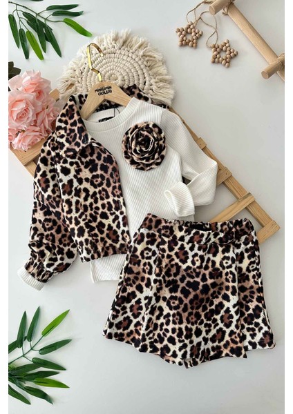 Leopar Ceketli Şort Etekli Kız Çocuk 3 lü takım - Beyaz