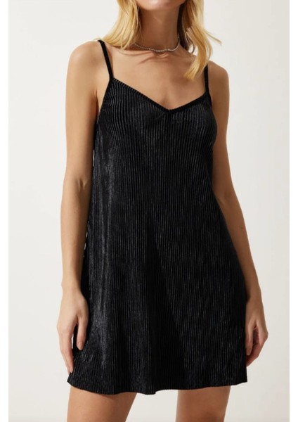 Kadın Fitilli Siyah Kadife Mini Elbise modelleri