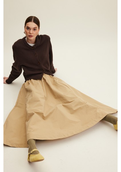 Katy Gabardin Büzgülü Etek Camel