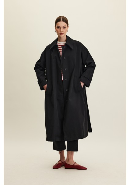 Kemerli Oversize Gabardin Trençkot Siyah