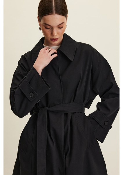 Kemerli Oversize Gabardin Trençkot Siyah modelleri