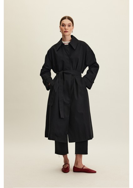 Kemerli Oversize Gabardin Trençkot Siyah