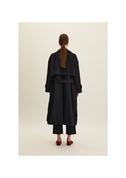 Kemerli Oversize Gabardin Trençkot Siyah