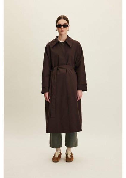 Kemerli Oversize Gabardin Trençkot Acı Kahve modelleri