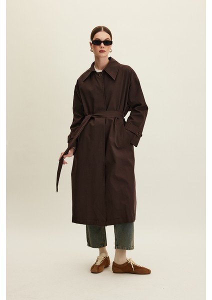 Kemerli Oversize Gabardin Trençkot Acı Kahve fırsatları
