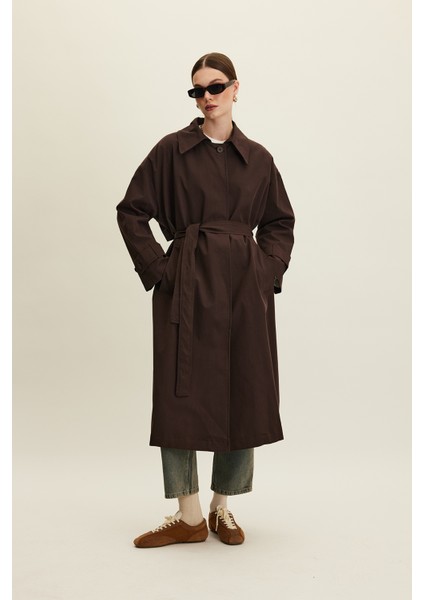 Kemerli Oversize Gabardin Trençkot Acı Kahve
