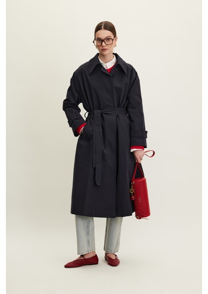 Kemerli Oversize Gabardin Trençkot Lacivert