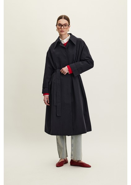 Kemerli Oversize Gabardin Trençkot Lacivert fiyatları