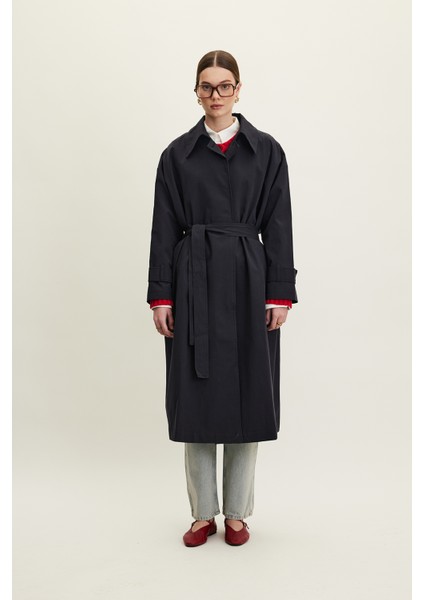 Kemerli Oversize Gabardin Trençkot Lacivert modelleri