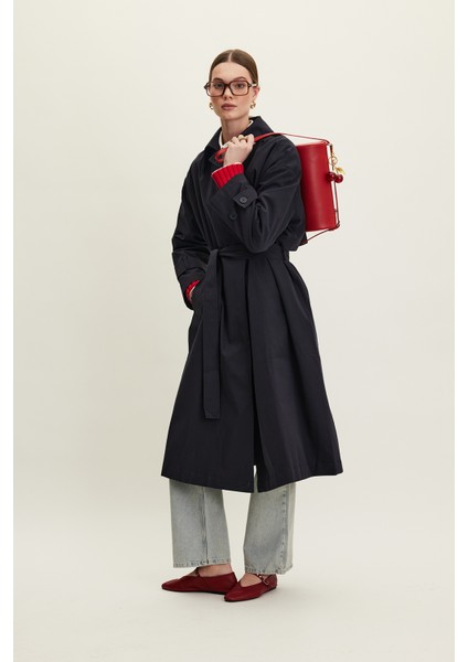 Kemerli Oversize Gabardin Trençkot Lacivert fırsatları
